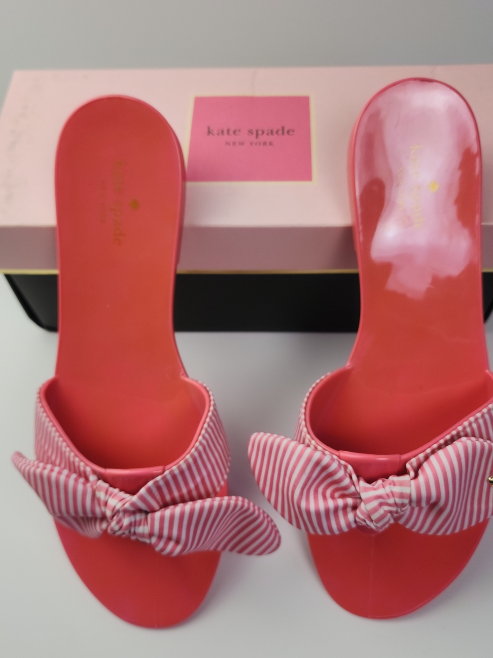 Kate Spade Striped Bow Slide Sandals in Coral Pink